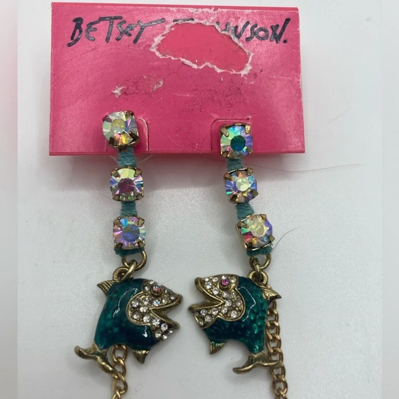 BETSEY JOHNSON Vintage Enamel Fish Hook Dangle Drop Gold-Tone Earrings OOAK NWT - Picture 2 of 5